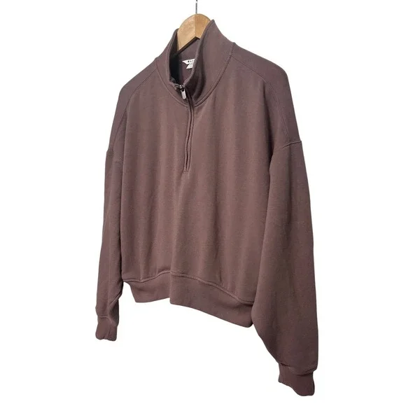 Athleta Quarter Zip Fleece Cropped‎ Sweatshirt Taupe Women's Size L Loungewear - Picture 2 of 10